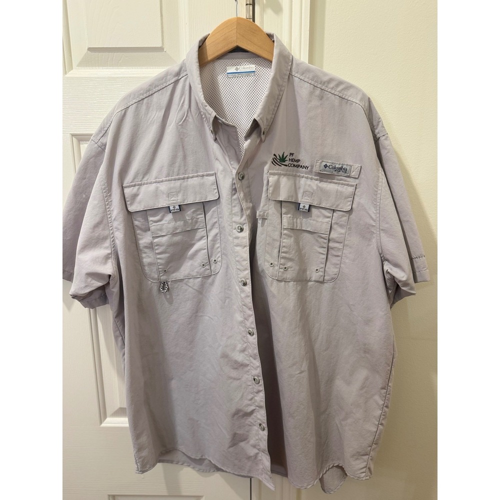 Columbia PFG Mens Large Short Sleeve Fishing Shirt Gray PF Hemp Company Logo